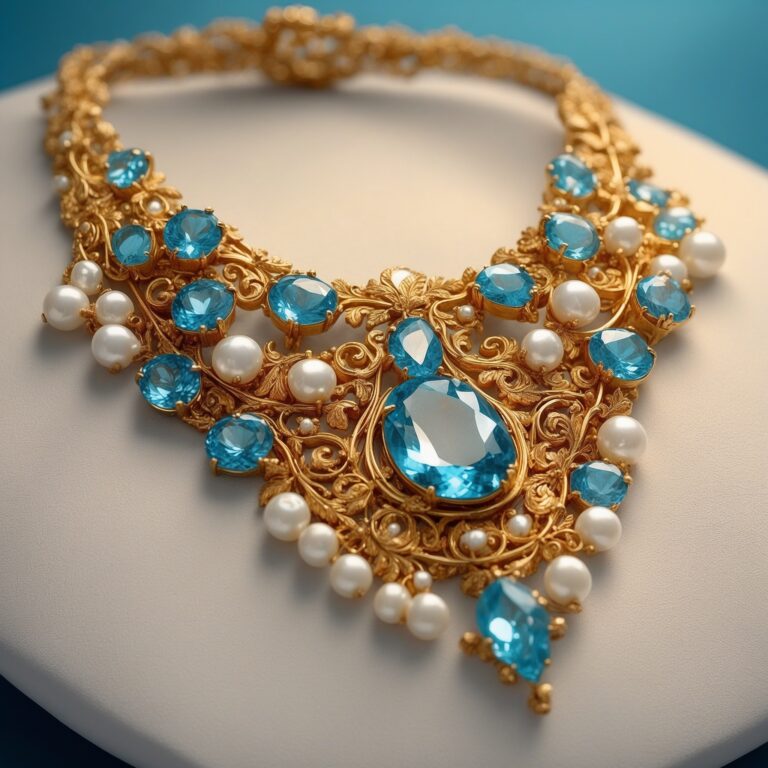 south indian gold necklace studdedd with sky blue topaz and white pearls ( PRODUCT )